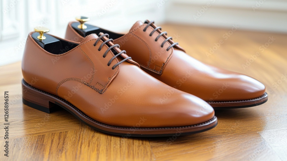 Close up of luxury leather shoes on a polished wooden floor, fine texture details, warm moody lighting, premium fashion branding, timeless elegance Close up of luxury leather shoes on a polished wooden floor, fine texture details, warm moody lighting, premium fashion branding, timeless elegance