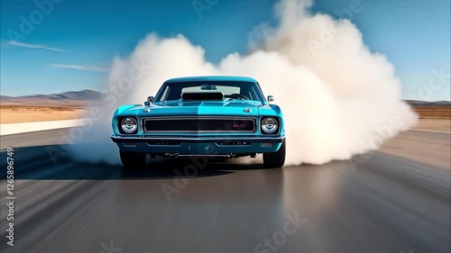 A bright blue classic muscle car performs a burnout, creating clouds of smoke on a racetrack under a clear blue sky.