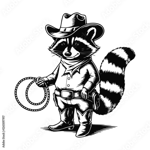 Cowboy Raccoon with Lasso - Vintage Style Illustration