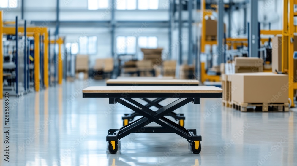 Fototapeta premium Industrial Warehouse with Lift Tables and Cardboard Boxes in a Spacious Storage Environment