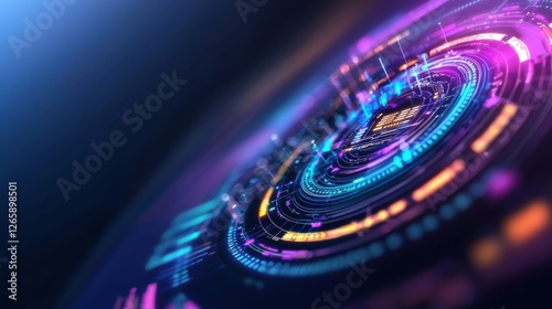 Glowing sci fi holographic interface fading from the right, deep blue and purple tones, futuristic digital design, high tech branding