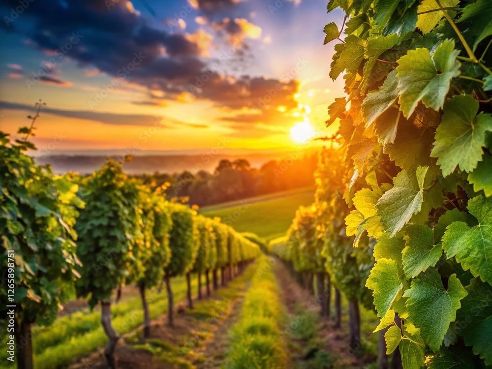 Fototapeta premium Lush Vineyard Sunrise: Glowing Green Vines at Dawn - Stock Photo