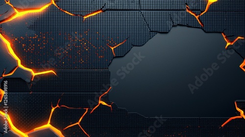 Industrial heavy duty metal mesh with glowing orange cracks on the left, rugged and powerful aesthetic, empty dark area on the right for text