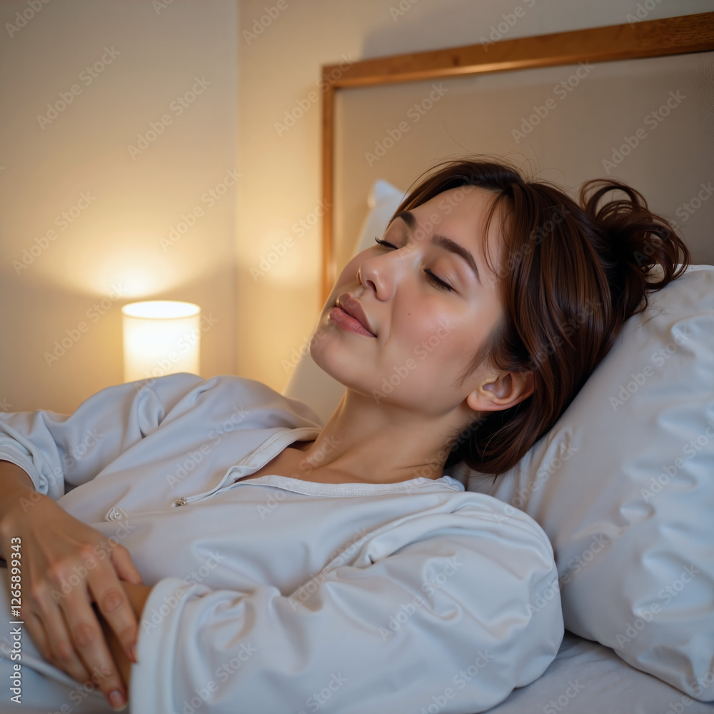 Woman sleeping peacefully in bed with soft warm lighting
Woman sleeping peacefully in bed with soft warm lighting