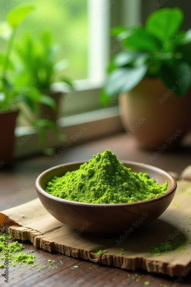 Whiteness of a bowl of matcha powder on a wooden desk surrounded by plants, nature, desk, wooden Whiteness of a bowl of matcha powder on a wooden desk surrounded by plants, nature, desk, wooden