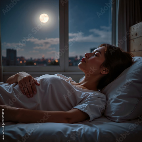 Woman sleeping in bed under full moonlight through window
