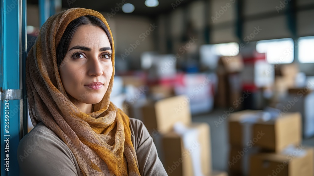 Confident Muslim woman in hijab standing in warehouse with boxes Confident Muslim woman in hijab standing in warehouse with boxes