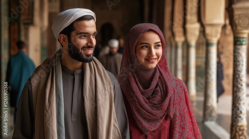 Smiling Muslim couple in traditional attire walking through historic arches