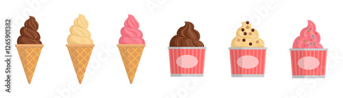 Set of delicious ice creams in cones and cups