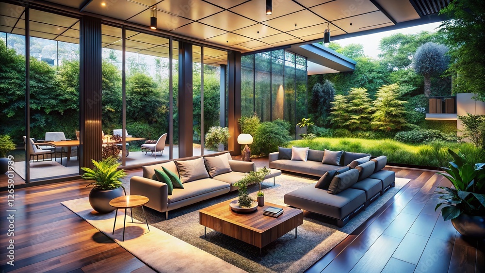 Fototapeta premium Luxurious Lounge: Modern Lighting, Garden View Drone Shot