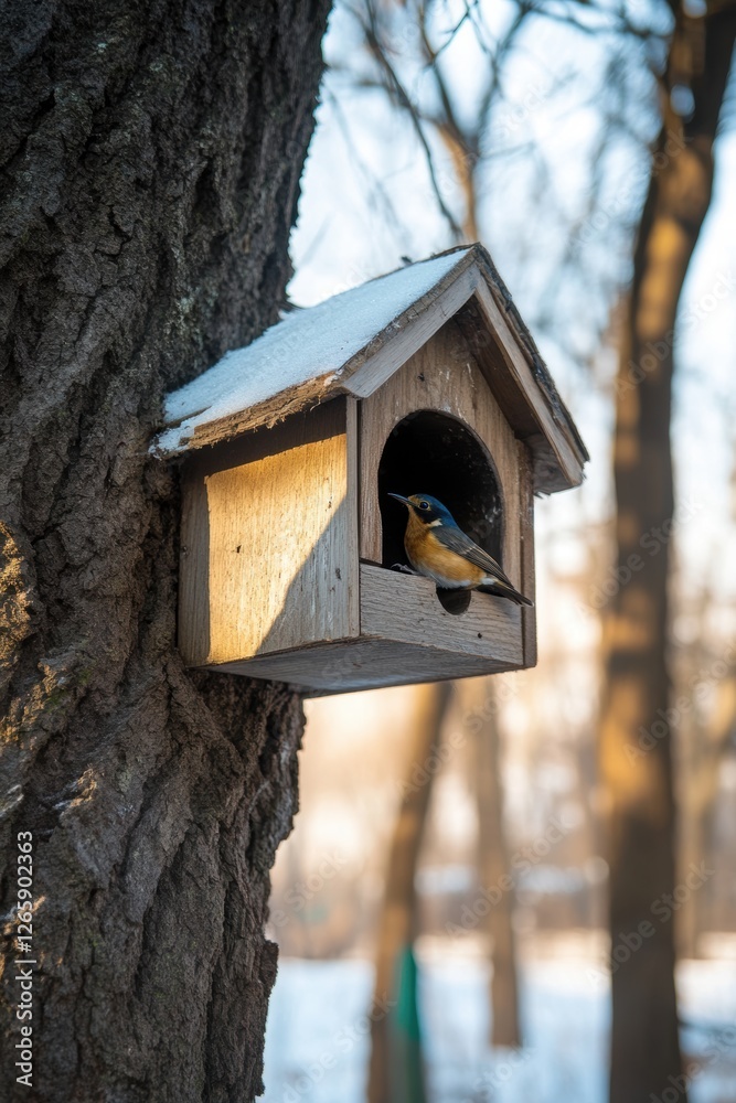 Bird with bird house box in Spring. Bird with bird house box in Spring.
