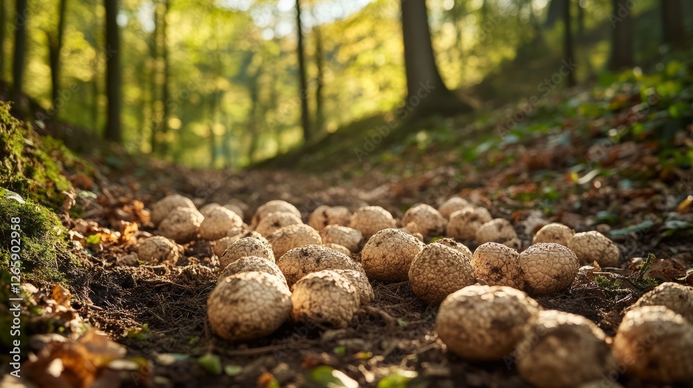 Puffball Mushrooms In Autumn Forest Landscape. Warm Light Filtering Through The Trees Creates A Magical, Woodland Scene. Puffball Mushrooms In Autumn Forest Landscape. Warm Light Filtering Through The Trees Creates A Magical, Woodland Scene.