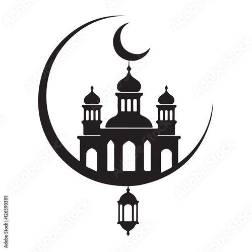 A stylized picture of a mosque silhouette featuring a lofty, massive minaret