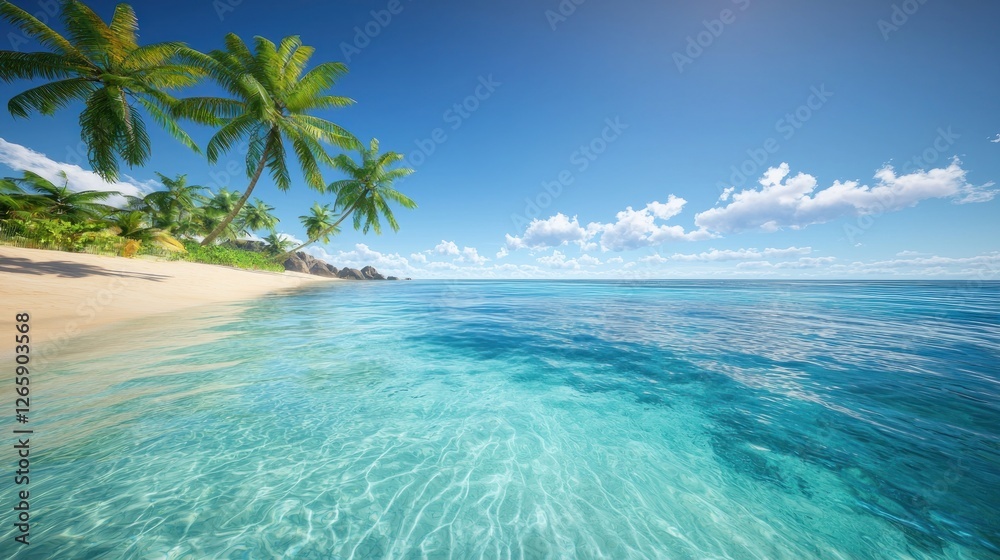 Obraz premium Tropical Beach Paradise; Calm Ocean, Palm Trees, Sunny Day