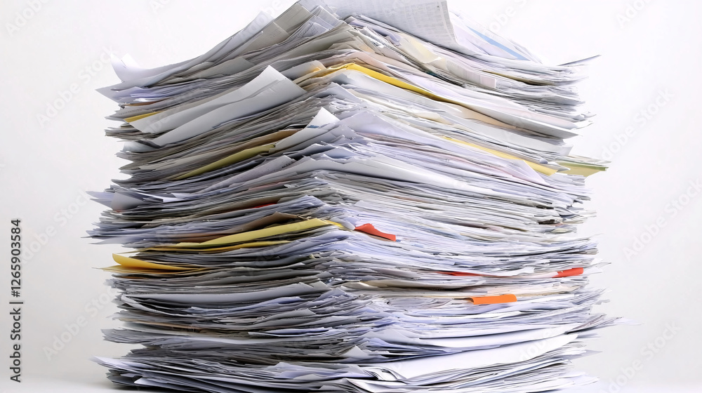 A towering stack of unsorted papers, some with colorful notes, illuminated against a plain white backdrop. A towering stack of unsorted papers, some with colorful notes, illuminated against a plain white backdrop.