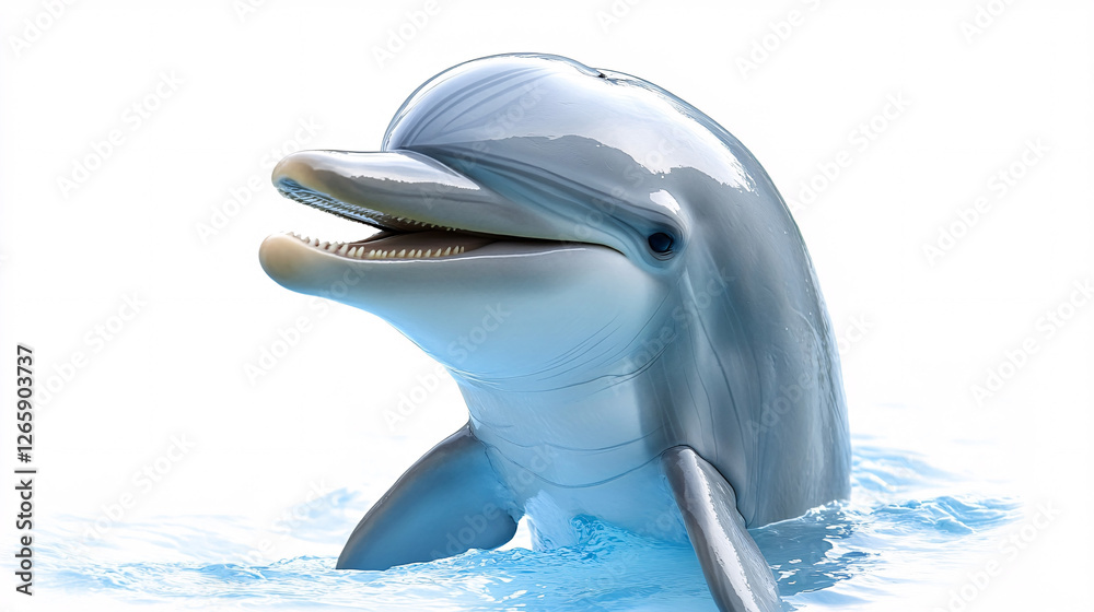 Fototapeta premium A bright, gleaming dolphin emerges slightly from turquoise-tinted water, its mouth slightly open revealing rows of sharp teeth.