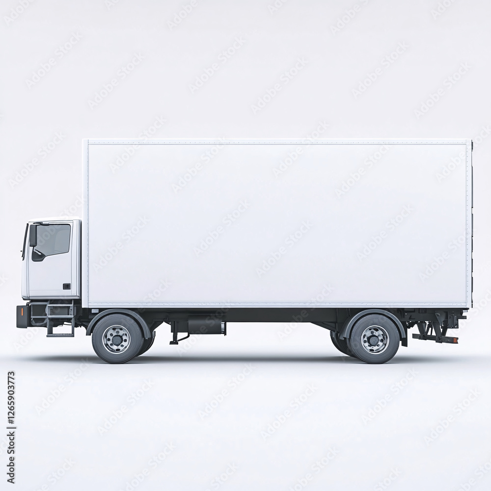 Side view of a white, medium-sized delivery truck with a box-shaped cargo area against a clean, white background. Side view of a white, medium-sized delivery truck with a box-shaped cargo area against a clean, white background.