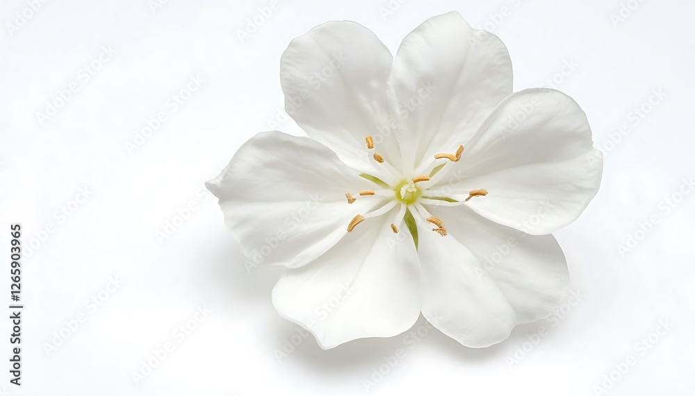 Top view of a white jasmine flower with delicate petals, isolated on a white background. Top view of a white jasmine flower with delicate petals, isolated on a white background.