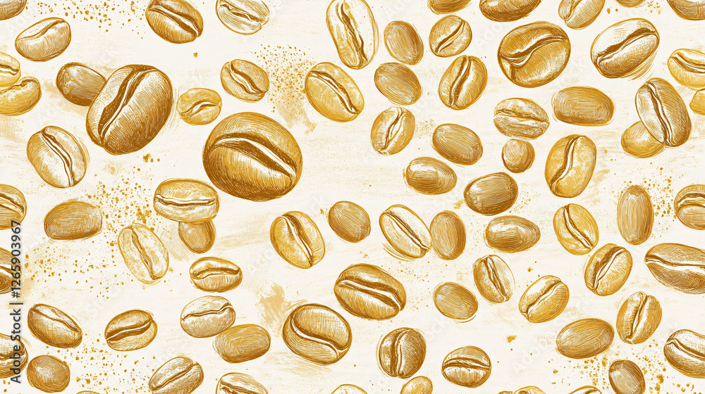 Obraz premium Sketchy gold coffee beans scattered on an off-white background with faint speckles.