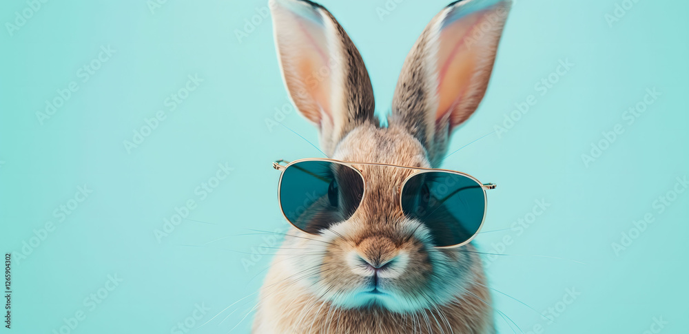 Cool rabbit wearing sunglasses against a solid turquoise background during daytime Cool rabbit wearing sunglasses against a solid turquoise background during daytime