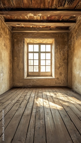 An old room with a wooden floor, old walls and ceiling, a window in the middle of one wall, a dusty floor, no furniture photo