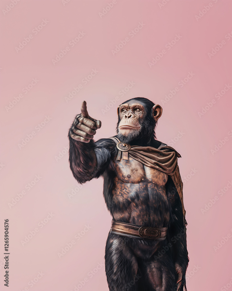 Chimpanzee dressed like a superhero poses with authority in front of a pink backdrop during an artistic photoshoot Chimpanzee dressed like a superhero poses with authority in front of a pink backdrop during an artistic photoshoot