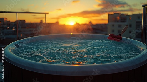 Hot tub with bubbly water on rooftop terrace during sunset for relaxing photo