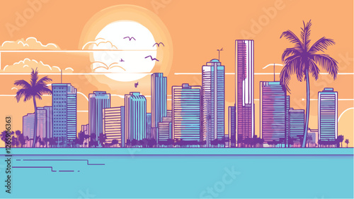 Miami Skyline in Minimalist Line Art .eps