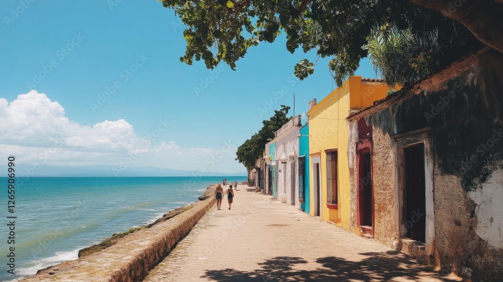 Obraz premium Colorful coastal town, people walking, vibrant buildings, sunny day, seaside promenade, for travel brochures, relaxing vacation