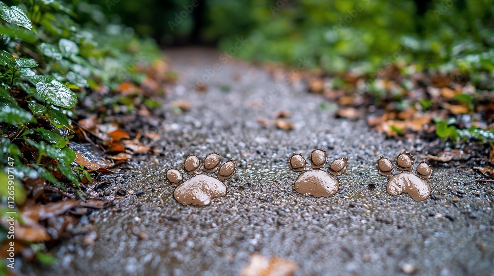 Muddy paw prints on forest path, rain, leaves Muddy paw prints on forest path, rain, leaves
