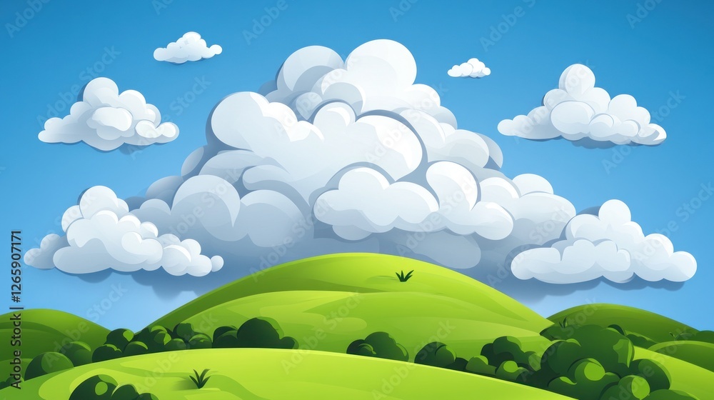 Obraz premium Cartoon Landscape with Green Hills and Fluffy Clouds on a Sunny Day