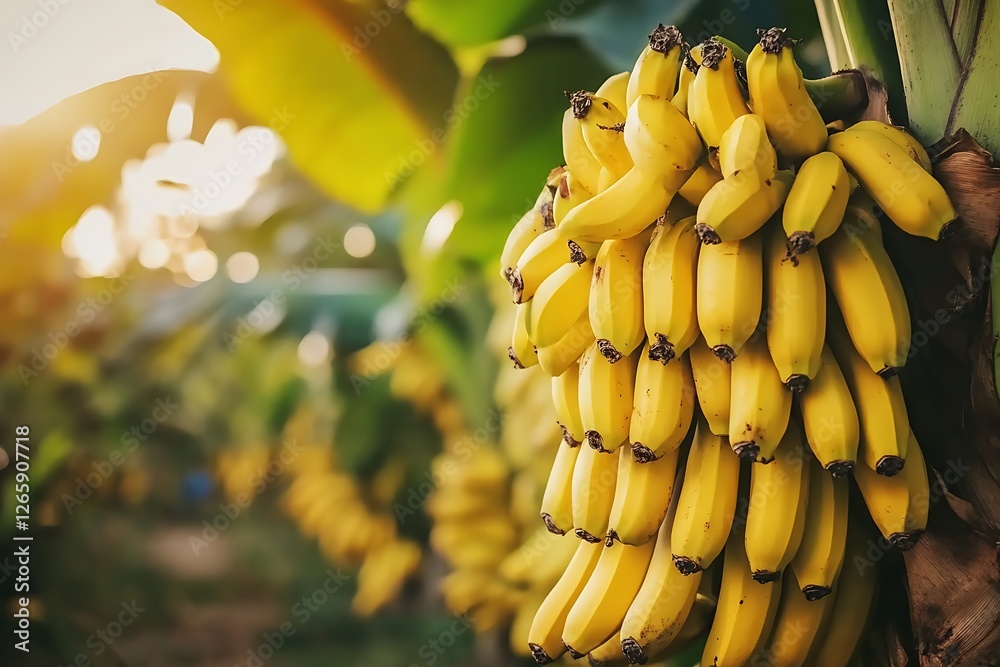 Naklejka premium Ripe yellow bananas on tree in sunlit plantation 