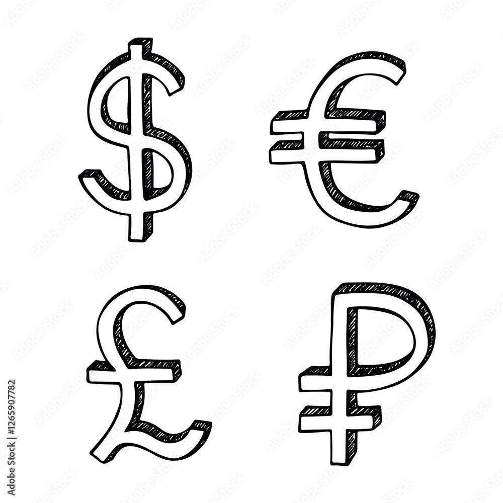 Fototapeta premium Hand drawn multiple currencies symbol set Dollar euro pound ruble