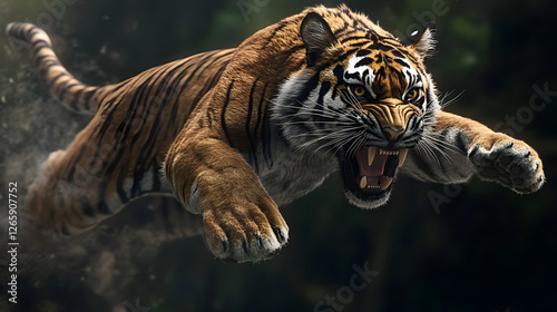 A majestic tiger, baring its fangs and leaping into the air with incredible speed
