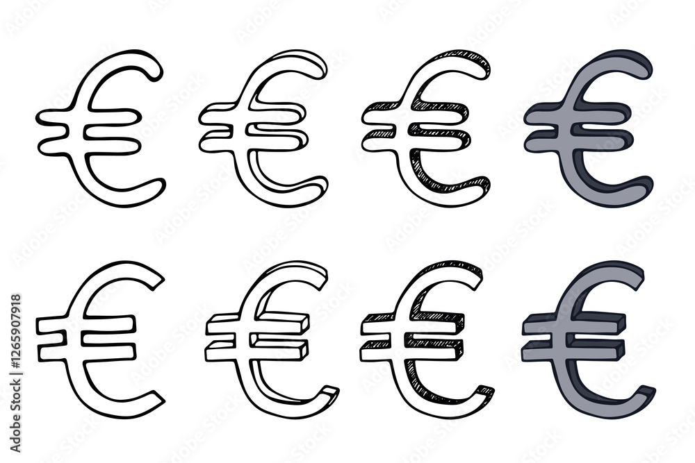 Obraz premium Hand drawn euro currency symbol set Brush stroke doodle Single element for design