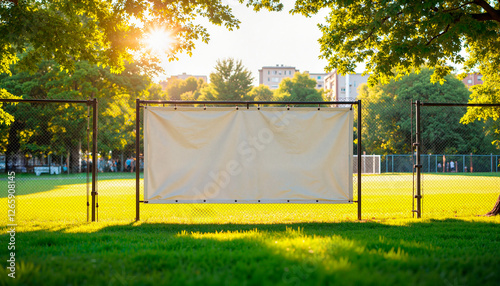 Street banner mockup PSD. Soccer field banner mockup in summer park, community engagement
