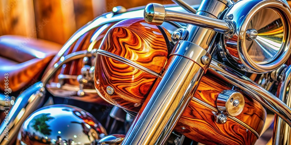 Fototapeta premium Macro Detail Chrome Motorcycle Wooden Accents Custom Bike Vintage Style