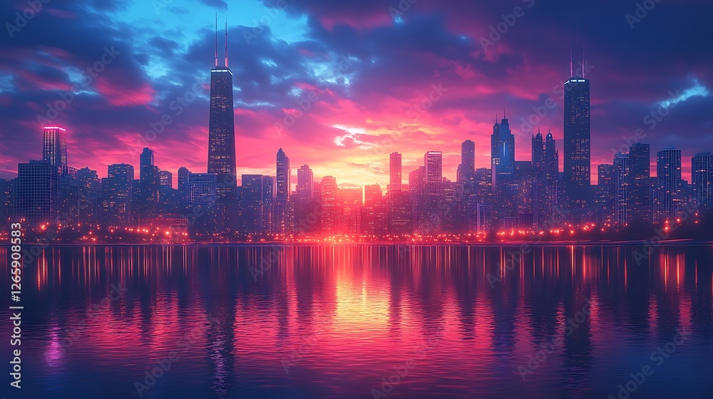 Fototapeta premium Chicago river sunset skyline high resolution hd photo