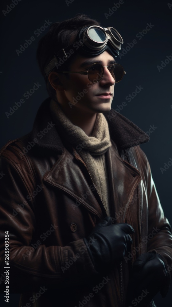 A 3D retro pilot in a leather jacket and aviator goggles, standing next to a vintage biplane A 3D retro pilot in a leather jacket and aviator goggles, standing next to a vintage biplane