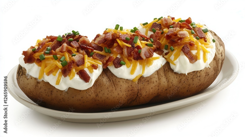 baked potatoes stuffed with sour cream, cheddar cheese, crispy bacon bits, and chives, served on a white ceramic plate. baked potatoes stuffed with sour cream, cheddar cheese, crispy bacon bits, and chives, served on a white ceramic plate.