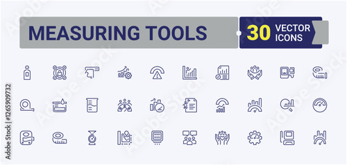 Measuring Tools vector line icon set. Icons height, equipment, thermometer, meter, measure, compass, hour, bell. Outline icon. Minimalist editable vector stroke.