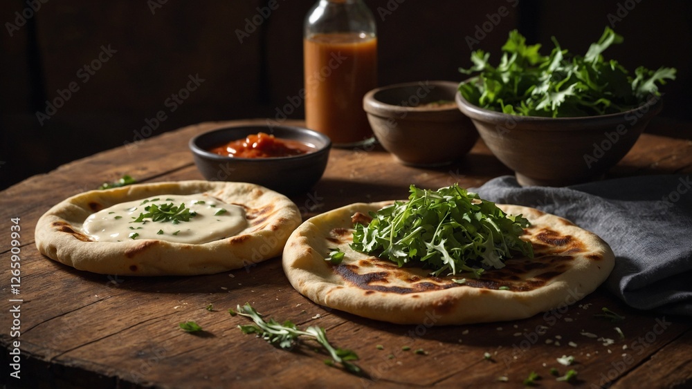 Rustic Pizzas Minimalist Dark featuring Creamy White & Fresh Arugula
Rustic Pizzas Minimalist Dark featuring Creamy White & Fresh Arugula