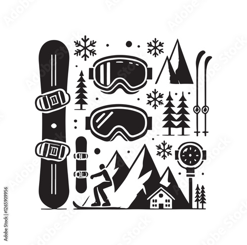 Snowboarding elements silhouette vector illustration