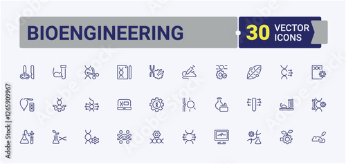 Bioengineering icon set. Includes thin line info, cell, medical, engineering, experiment and more. Minimal icon. Vector outline icons collection.