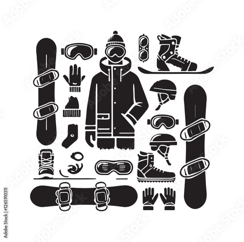 Snowboarding elements silhouette vector illustration
