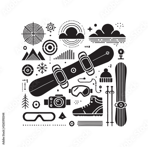 Snowboarding elements silhouette vector illustration