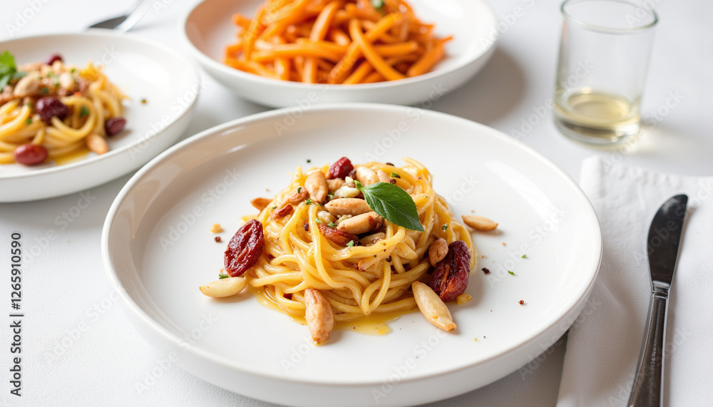 Pasta dish with almonds and tomatoes on a white dining table Pasta dish with almonds and tomatoes on a white dining table