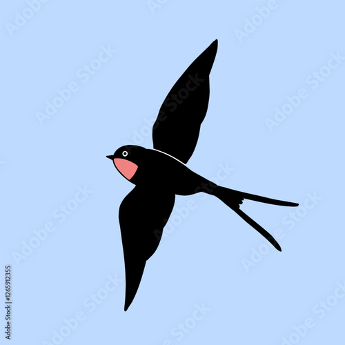 Barn Swallow with Long Tail and Sharp Wings on a blue background. Cartoon simple flat illustration.