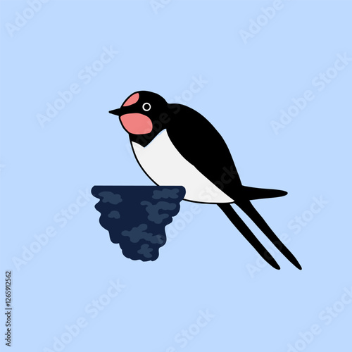 Barn Swallow with Long Tail and Sharp Wings on a blue background. Cartoon simple flat illustration.