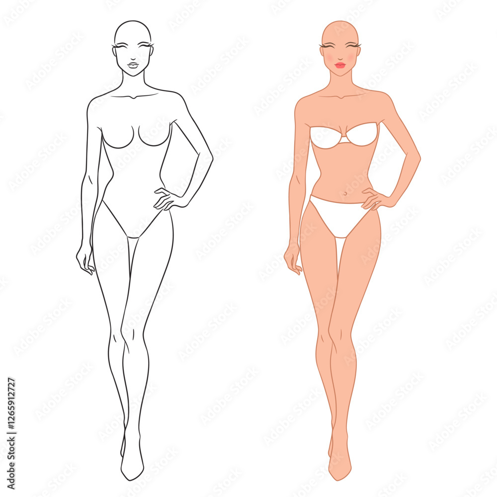 Eight-head fashion figure template. The female fashion croquis. Vector illustration of a young woman wearing lingerie, isolated on a white background. Eight-head fashion figure template. The female fashion croquis. Vector illustration of a young woman wearing lingerie, isolated on a white background.
